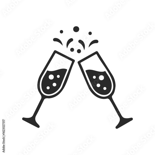 Celebration icon: clinking champagne glasses with bubbles and splash
