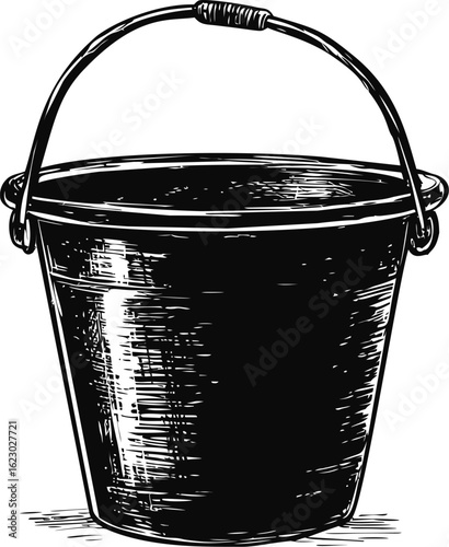 Black and white illustration of metal bucket with handle, vintage style drawing. Vector illustration