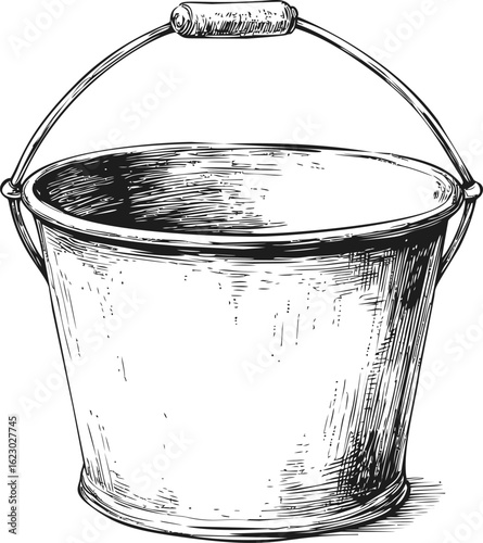 Detailed black and white illustration of a wooden-handled metal bucket. Vector illustration
