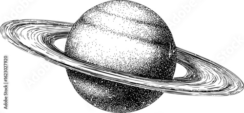 Vintage black and white engraving of saturn with detailed rings, astronomy concept. Vector illustration