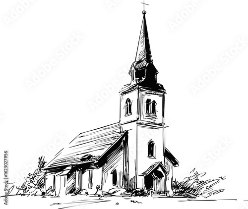 Black and white sketch of a traditional church with steeple and trees. Vector illustration