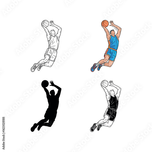 Basketball player dunking in blue and orange uniform and black silhouette slam dunk jump