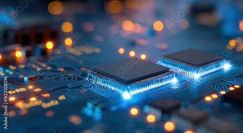 Glowing computer processor chip with blue LED lights on circuit board with bokeh background