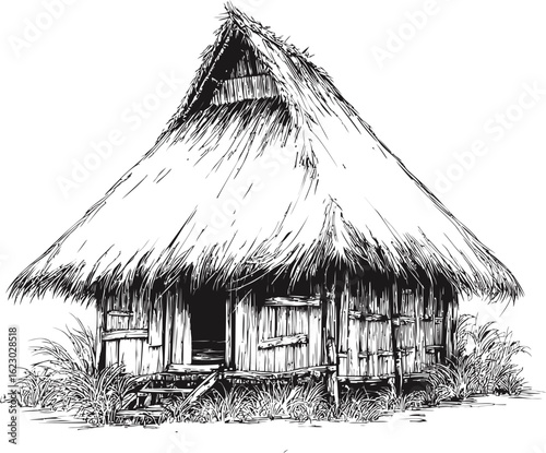 Traditional thatched hut illustration with detailed lines and rustic feel. Vector illustration