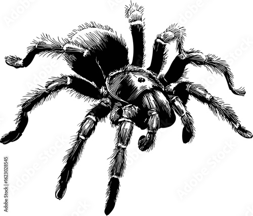 Detailed black and white illustration of a tarantula spider with hairy legs. Vector illustration