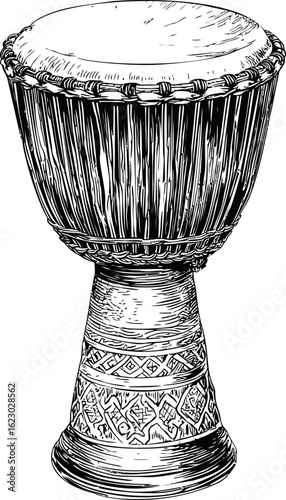 Hand-drawn illustration of an African djembe drum with intricate carvings. Vector illustration