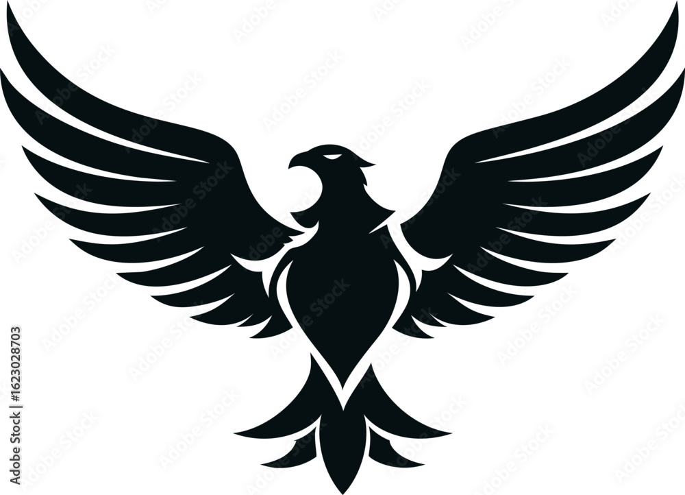 Obraz premium Black stylized phoenix with outstretched wings in silhouette illustration. Vector illustration