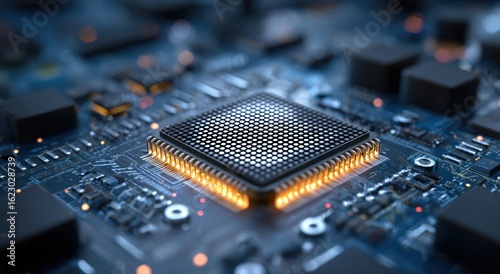 Glowing computer processor chip with blue LED lights on circuit board with bokeh background