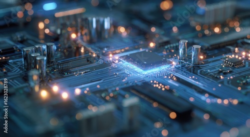 Glowing computer processor chip with blue LED lights on circuit board with bokeh background