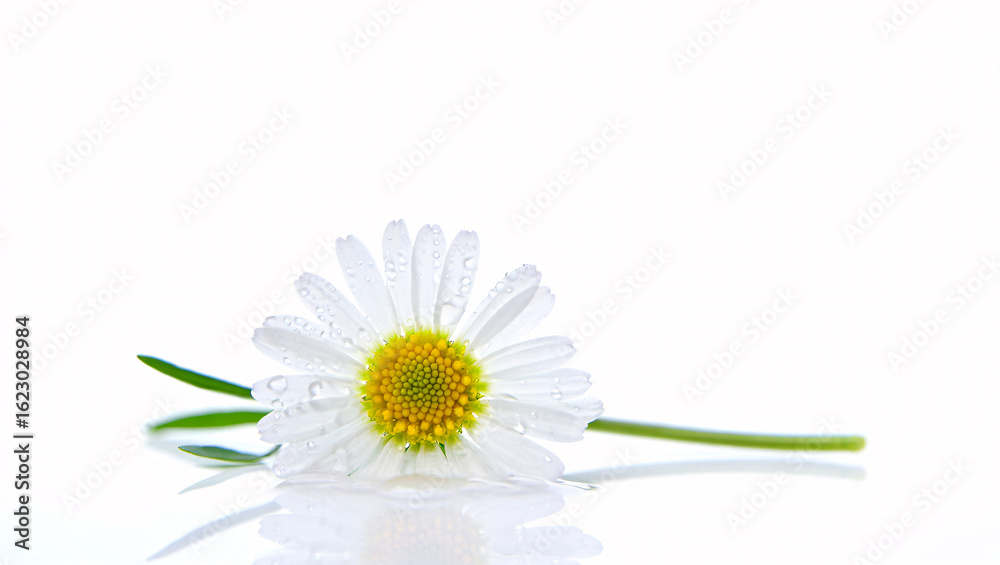 Fototapeta premium Single White Daisy Flower with Water Droplets on White Background with Reflection white flower single flower