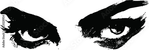 Black brushstroke painting of expressive eyes with intense gaze on white. Vector illustration