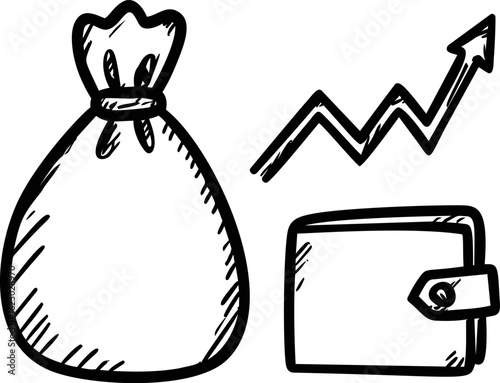Sketch of money bag, wallet, and arrow symbolizing financial growth. Vector illustration