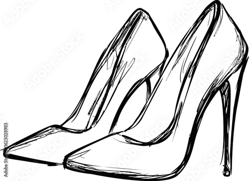 Sketch of elegant high heels with pointed toes in monochrome design. Vector illustration
