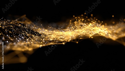 Abstract golden light waves with glowing particles and bokeh effects on dark background
