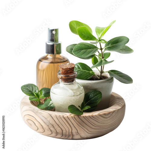 Natural spa items in a wooden bowl.  Small potted plants, spray bottle, and glass bottles with liquids