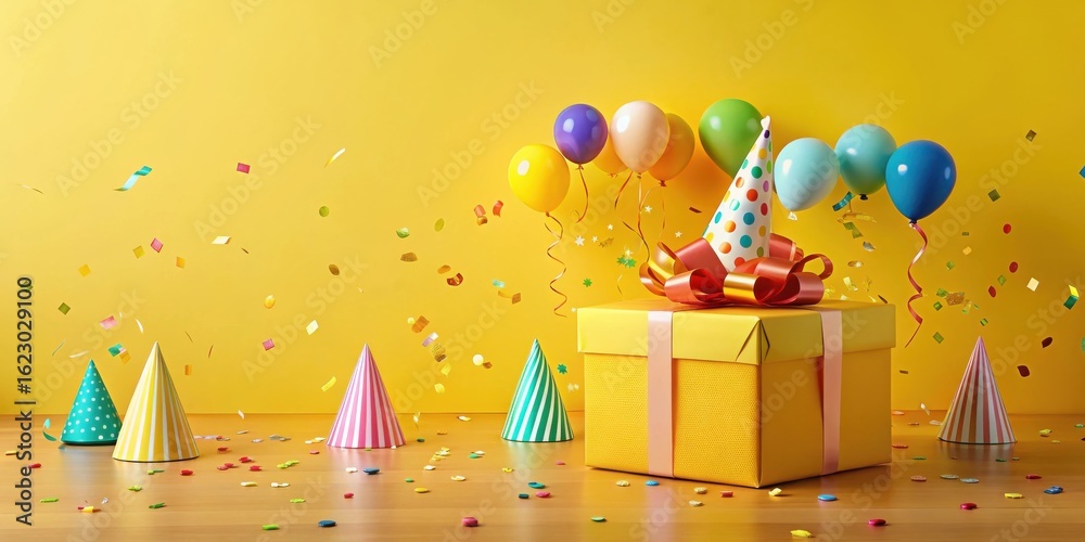 Obraz premium Joyful Celebration A Gift Wrapped in Sunshine, Surrounded by Balloons, Confetti, and Party Hats on a Wooden Surface