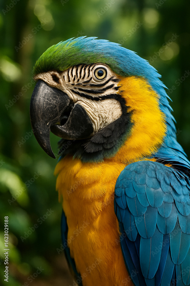 Fototapeta premium Close Up of Blue and Yellow Macaw Parrot in Tropical Forest 