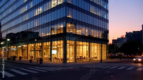 Twilight Cityscape: Modern Glass Skyscraper at Sunset, Illuminating Offices