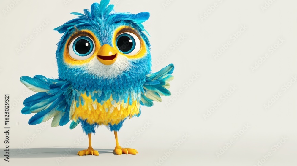 Fototapeta premium Cheerful, cartoon bird with outstretched wing.