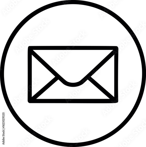 Black and white envelope icon inside a circular border symbolizing email communication. Vector illustration