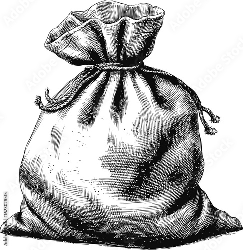 Illustration of a detailed vintage burlap sack with drawstring closure. Vector illustration
