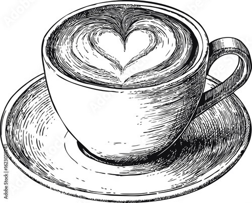 Sketch of a cappuccino with heart-shaped froth in a cup and saucer. Vector illustration