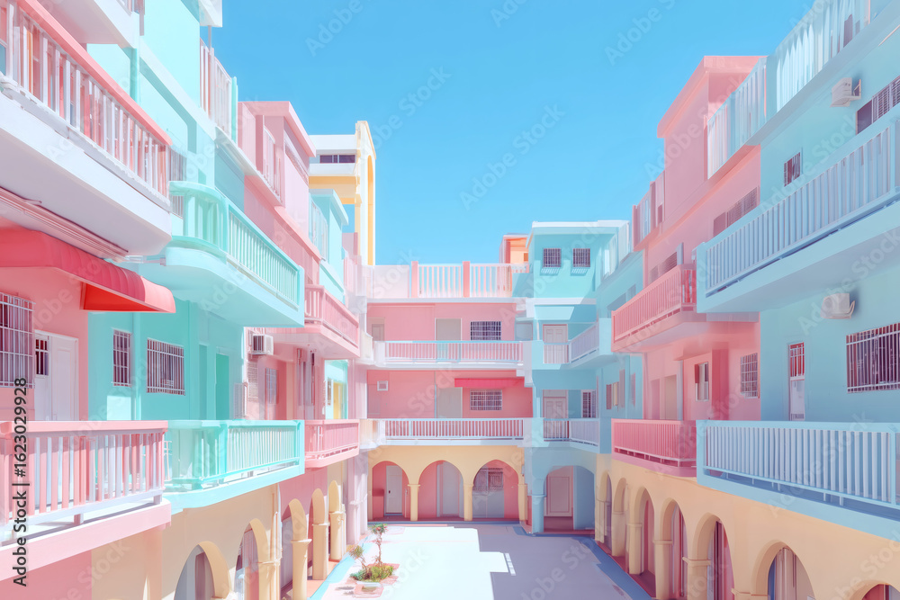 Fototapeta premium Pastel Colored Residential Buildings with Arches and Balconies under Clear Blue Sky