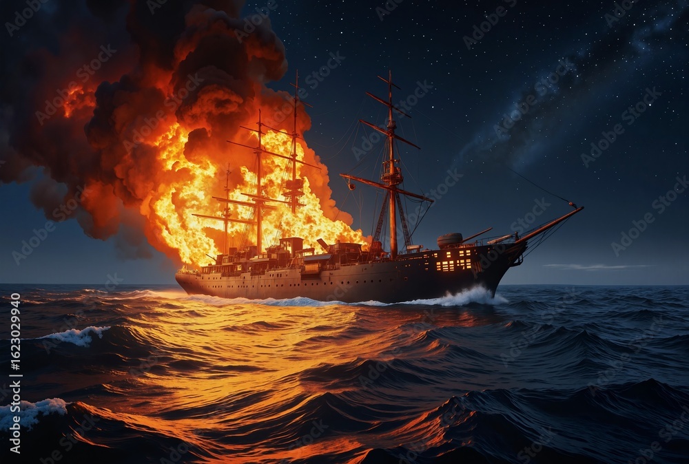 Obraz premium A dramatic scene unfolds as a battleship burns fiercely in the night, its flames and billowing smoke contrasting sharply against the dark ocean and starry sky 