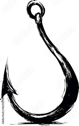Black and white illustration of a fish hook with rough ink style. Vector illustration
