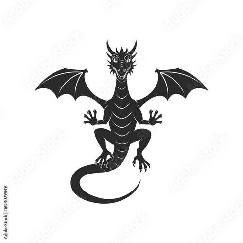Black silhouette of a mythical dragon with outstretched wings