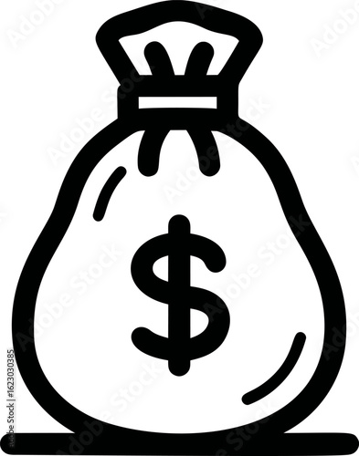 Outline illustration of a money bag with dollar symbol in bold lines. Vector illustration