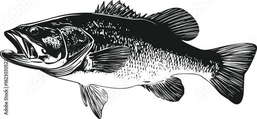 Black and white illustration of a largemouth bass in side view, detailed engraving. Vector illustration