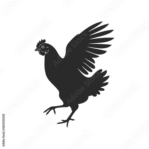 Black silhouette of a rooster with raised wings on white background