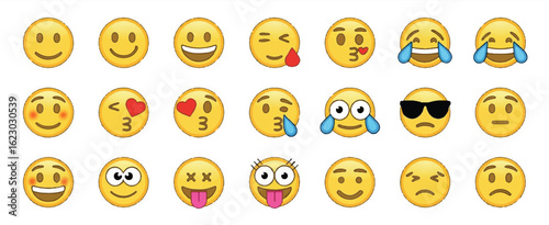 A collection of 20 yellow circular emoji faces arranged in 4 rows against a white background.