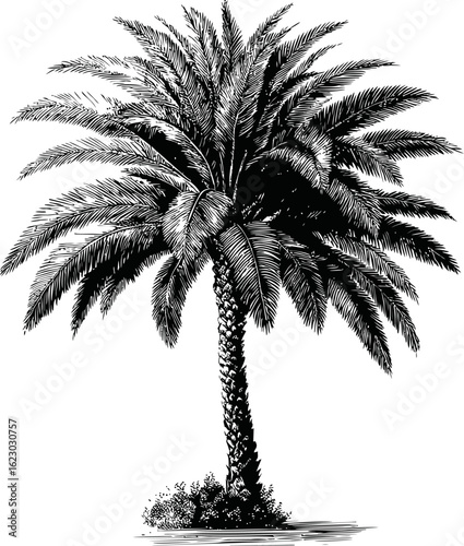 Black and white illustration of a detailed palm tree with textured leaves. Vector illustration