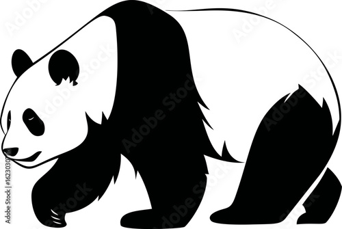Black and white silhouette of a walking panda, simplistic . Vector illustration