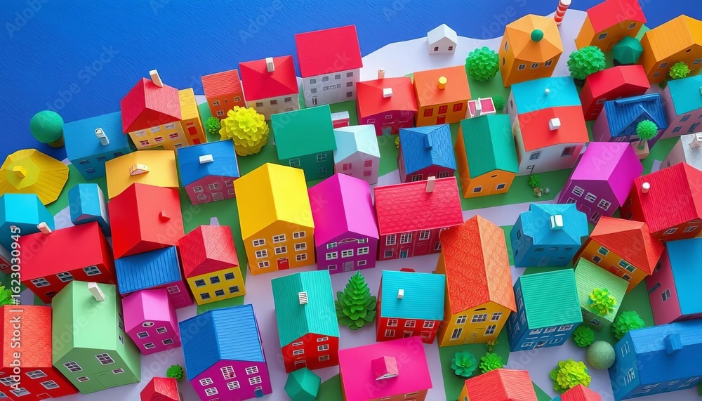 Naklejka premium Overhead view vibrant paper-cut houses, diverse architectural styles, colorful background, geometric, retro
