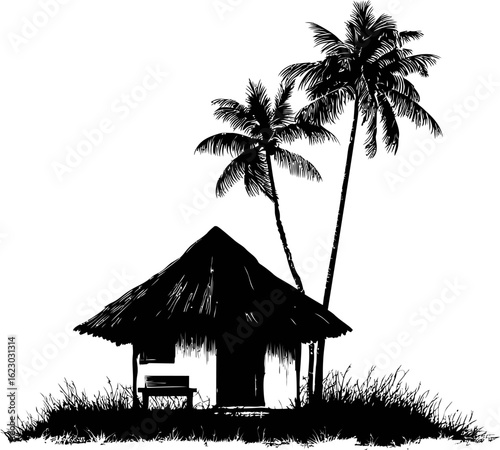 Silhouette of tropical hut and palm trees in serene landscape drawing. Vector illustration