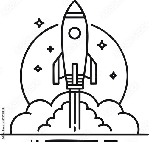Outline of rocket launching with stars and smoke background. Vector illustration