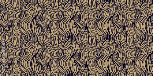 Vector seamless pattern with organic shapes, liquid wavy lines, fibers, threads, biological structures. Abstract black and gold tangled line background. Natural golden texture. Repeated luxury design