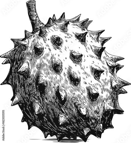 Black and white illustration of spiky durian fruit with detailed texture. Vector illustration