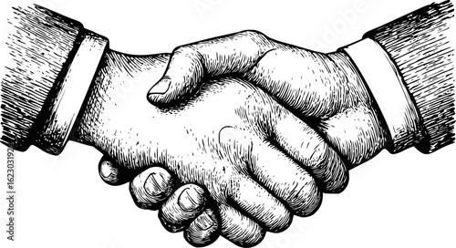 Detailed black and white illustration of a firm handshake, symbolizing agreement. Vector illustration