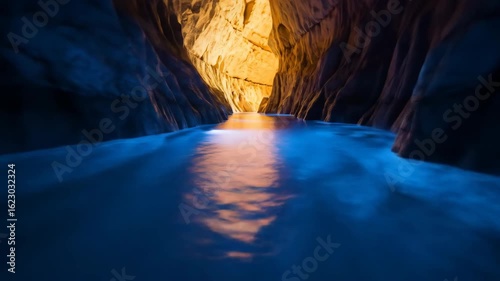 Vibrant blue water inside a mysterious grotto cave illuminated by a distant golden opening