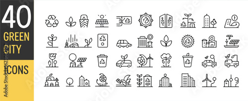 A collection of 40 green city line art icons arranged in 8 rows on a white background.