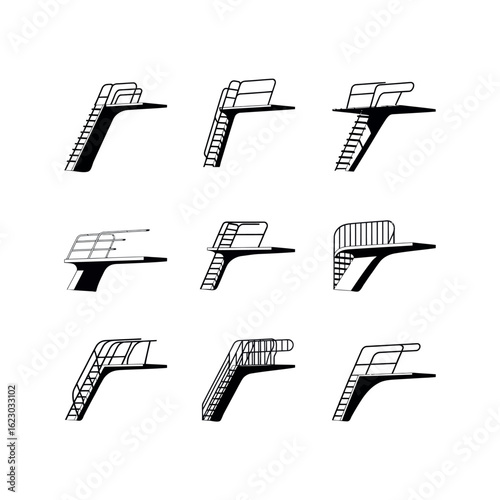 Collection of black and white diving board illustrations with ladders diving platform swimming pool