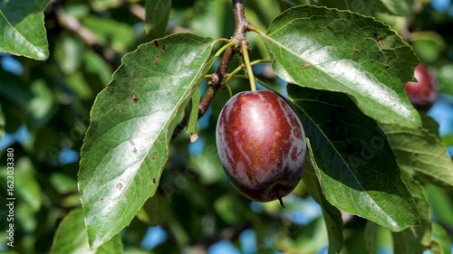 Close-up of mature prunes on branches Mature prunes on branches