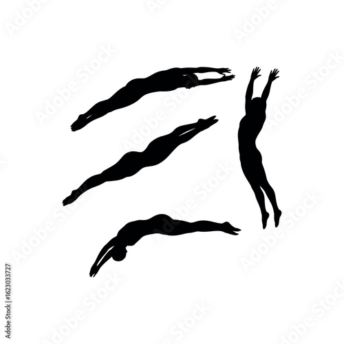 Black silhouettes of swimmers diving and jumping on white background swimming diver