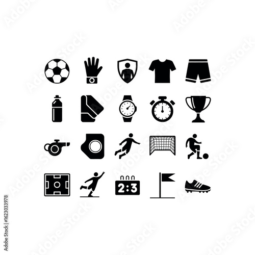 Black soccer icons including ball players trophy and field football sport