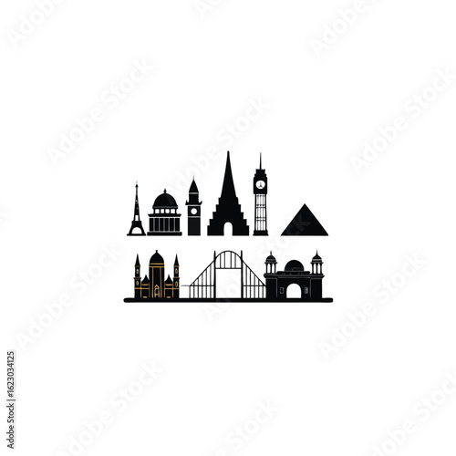 A set of monochrome icons illustrating well-known landmarks, showcasing architectural diversity.