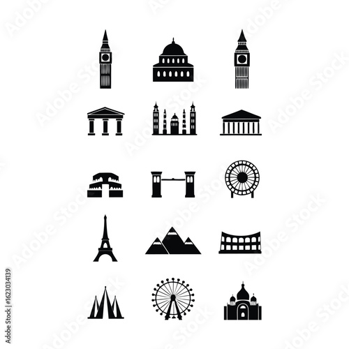 A set of monochrome icons illustrating well-known landmarks, showcasing architectural diversity.